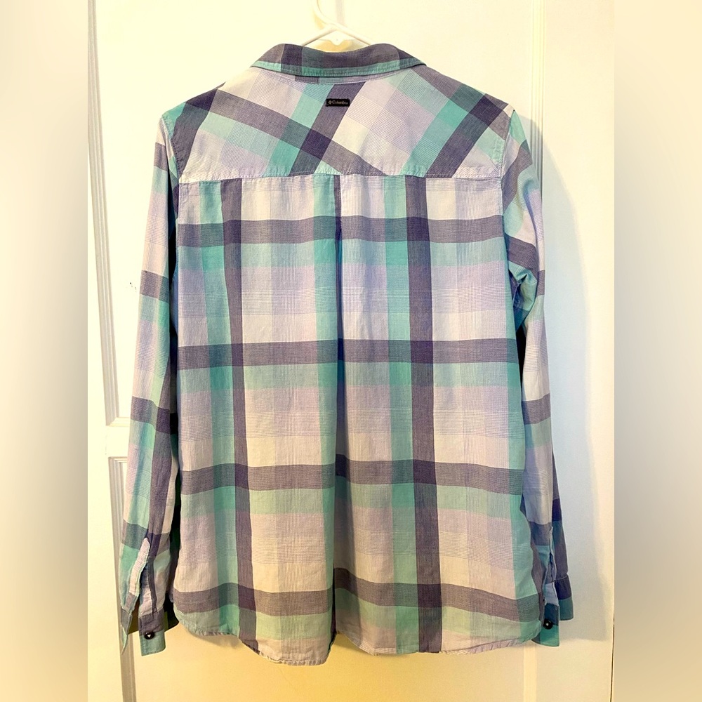 Columbia sportswear button up shirt roll-up sleeves hiking outdoors camp REI Lg